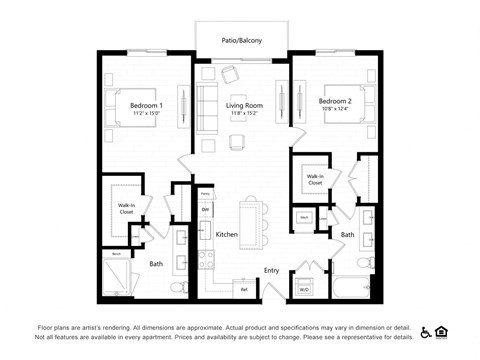 Floor plan for 2 beds, 2 baths, 1158 sqft